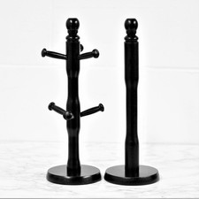 Black Mug Rack & Kitchen Roll Holder 6 Cups Tree Holder Wooden Stand Rack 2pcs