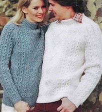 1620 LADIES MENS ARAN SWEATER 32"-42" 81-107cm VINTAGE KNITTING PATTERN COPY
