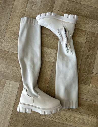 Women white knee high knit - white,
