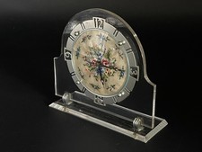 Art Deco Clear Perspex and Embroidery Mantel Clock - WORKING ORDER