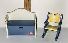 VTG Complete Little Tikes Dollhouse Size Blue Toy Box  Bench & Rocking Chair