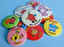 Collection of ten vintage retro MR. MEN Beefeater themed tin pin button badges