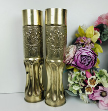 A Delightful Pair WW1 Trench Art Brass Shell Cases Floral & Shield Engraving