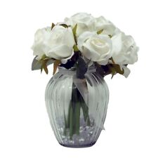 White Bud Rose Artificial Flower Arrangement In Pretty Glass Vase (21cm) Home De