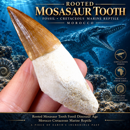 Rooted mosasaur tooth fossil - rooted,