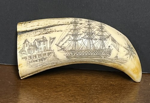 Vintage scrimshaw whale tooth - scrimshaw,