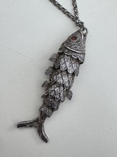 Antique Vintage 925 silver articulate fish necklace pendant 1930s 40s gift 