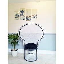 70s X Large Emmanuelle Wicker Peacock Chair White w/ Black Detail Rattan Chair