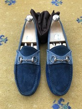 Gucci Loafers Suede Shoes Drivers Silver Horsebit Blue Mens US 7 UK 6.5 EU 40.5