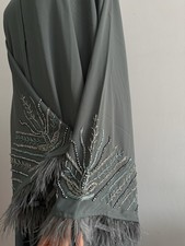 Luxury UAE Dark Sage Blue Abaya With Sequins Embroidered And Fur