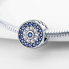 Round Evil Eye Crystal Blue Love Heart Bead Charm Sterling Silver 925