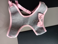 Grey Pink Dog Harness Medium With Pink Bow
