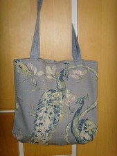 NEW MADE  IN GREY LINEN PEACOCK     15in Tote SHOPPER TRAVEL   BAG LINED
