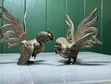 VINTAGE MATCHING PAIR OF FRENCH WHITE METAL FIGHTING COCKEREL BIRD FIGURES
