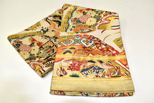 Vintage Silk Kimono Obi Belt 'Fukuro-Obi' 1940s colourful Gold embroidery flower