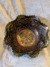 Fenton Carnival Glass- Green- Dragons and Lotus Design- Footed Bowl-Vintage