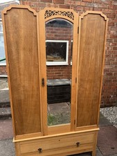 Vintage Solid Oak Wardrobe with Mirror & Drawer  – 1930s 1940s Antique