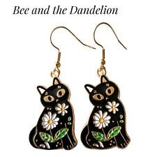 Black  Cat / Kitten With Daisy Flowers Enamel Dangle Earrings ~ Birthday Gift 