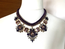 Bib Style Necklace Purple and Clear Crystals Floral Design Woven Velvet Chain