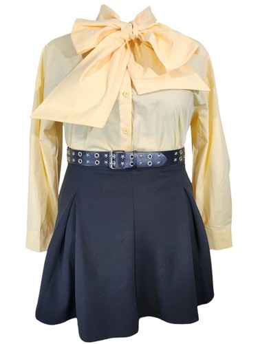 Yellow button front pussybow