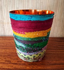 Fab Vintage 70s Copper Red Metal Waste Paper Bin Multi Coloured Sari Silk Ribbon