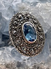 Large Beautiful 925 Sterling Silver Blue Topaz Marcasite Statement Ring Sz Q1/2