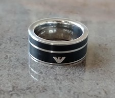 Mens / Unisex Emporio Armani Ring Steel + Black Ring with Eagle Logo, Size T 1/2