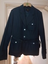 H & M Blue Military Style Jacket Women Size 14 Pleat Pockets And Belt