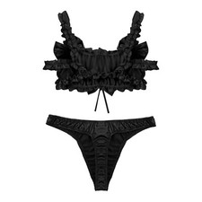 UK Mens Sissy Crossdresser Ruffled Satin Thong Panties Lingerie Set Nightwear