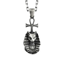 Bastet with Ankh in Polished Sterling Silver Necklace for Sister Birthday Gift