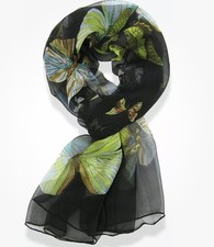 New Women's 100% Silk Black Butterfly Pattern Scarf Long Lightweight