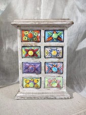 Vintage Wood & Hand Painted Pottery Ceramic Spice Chest Of Drawers
