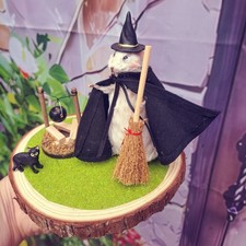 Mouse Taxidermy Witch With Black Hat, Cape And Broomstick Black Cat And Cauldron