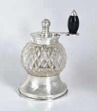 Antique 1927 Solid Silver Cut Crystal Pepper Mill Grinder Ebony Turning Handle