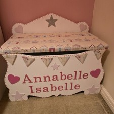 Large Wooden Toy Box, Fabric Seat, Gas Lift Lid, Names Can Be Replaced. VGC