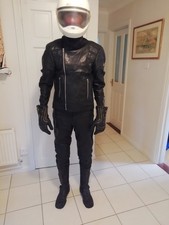 Mens leather motorcycle jacket and trousers + boots, gloves, rainsuit, etc.  