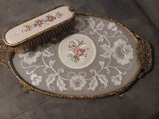 Vintage Petitpoint And Lace Oval Brass Dressing Table  Tray, Filigree Handles