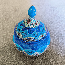 Beautiful Vintage Persian Enamel Minakari Lidded Sugar Bowl, Trinket Pot