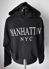 Black Manhattan Cropped Pullover Hoodie S M Zara Oversized Hooded Long Sleeve