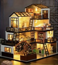 DIY Miniature Wooden Dollhouse Kit 3-Tier Villa LED Lights Model Craft Gift