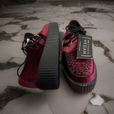 Shoes Vegan In Maroon Red Faux Velvety Fabric, Black Laces And Chunky Sole