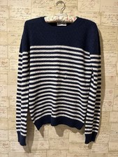 Navy And cream Brora 100% Cashmere Striped Jumper Ladies Size 8