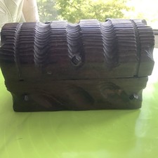 Vintage Carved Wooden Trinket Box In Shape Of Treasure Chest