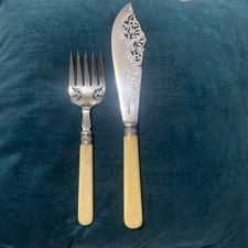 Large Ornate Antique Silver Plated Fish Knife & Fork Serving Set (13”/33cm,238g)