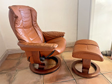 Ekorness Stressless Leather Tan Recliner Armchair Chair Beech Wood & Footstool