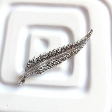 Vintage Marcasite Leaf Brooch Mid Century Silver Tone Lapel Pin