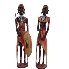 Hand-Carved African Tribal Figurine Set Warrior & Woman 27in(H) Pre-Owned Used 