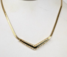 Swarovski Swan Signed Black Enamel Crystal Gold Plate Necklace Excellent Vintage
