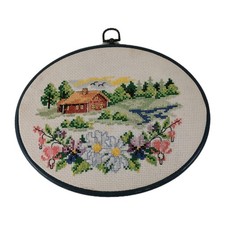 Embroidered Cottage Landscape Cross Stitch Oval Tapestry Granny Cottagecore 