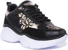 Guess Floral Art Textile Shoes Black Gold Womens Trainer Size UK 3 - 8